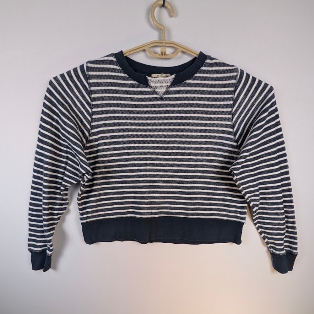 Madewell Striped Sweatshirt Womens M Blue White Slub Jaquard Crop Comfy Crew EUC